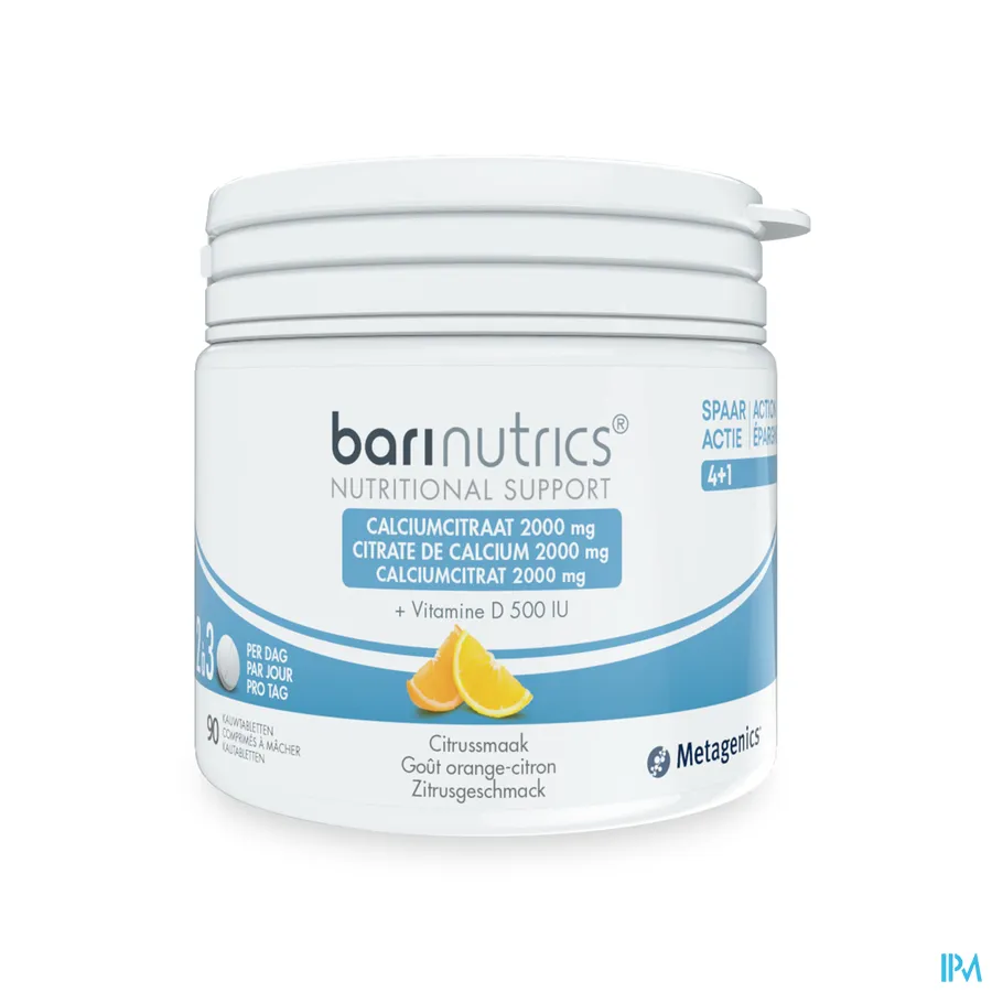packshot van Barinutrics 2000 mg Calciumcitraat en 500 IU Vitamine D 90 Kauwtabletten met Citrussmaak