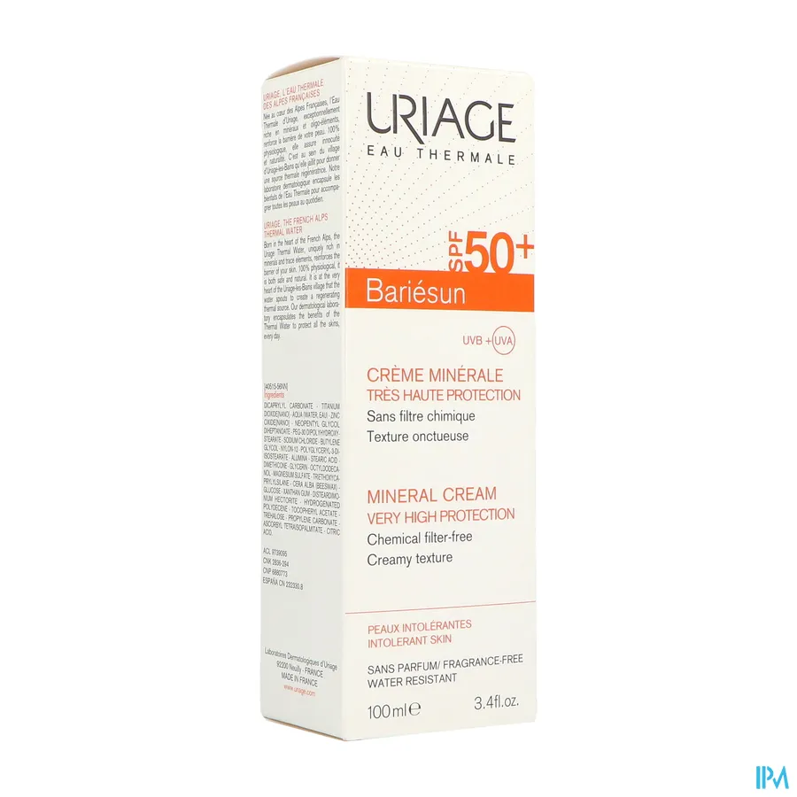 packshot van Uriage Bariésun Minerale Crème met SPF 50+ voor Kinderen en Volwassenen 100 ml