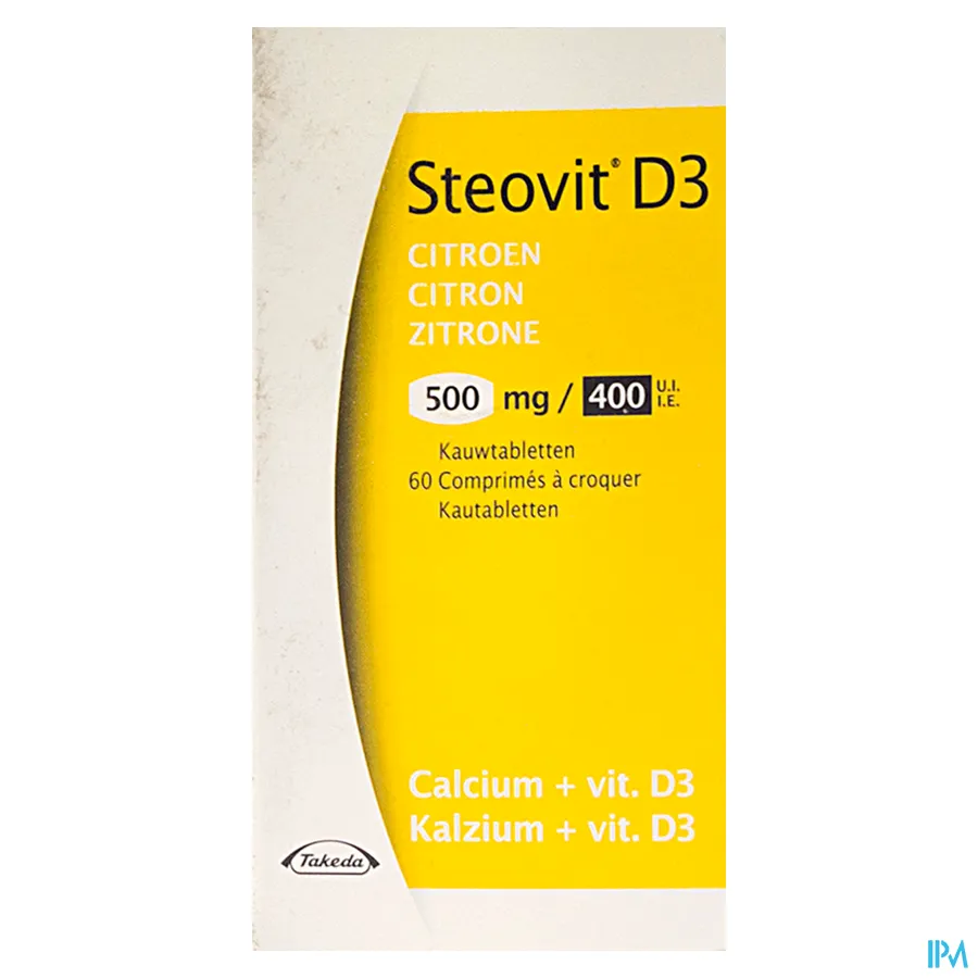packshot van Steovit D3 500 mg Calcium + 400 IE Vitamine D3 met Citroensmaak 60 Kauwtabletten