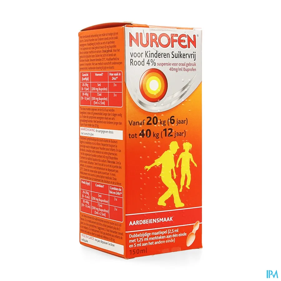 packshot van Nurofen Kind Suikervrije Siroop 4 % Aardbeiensmaak 150 ml